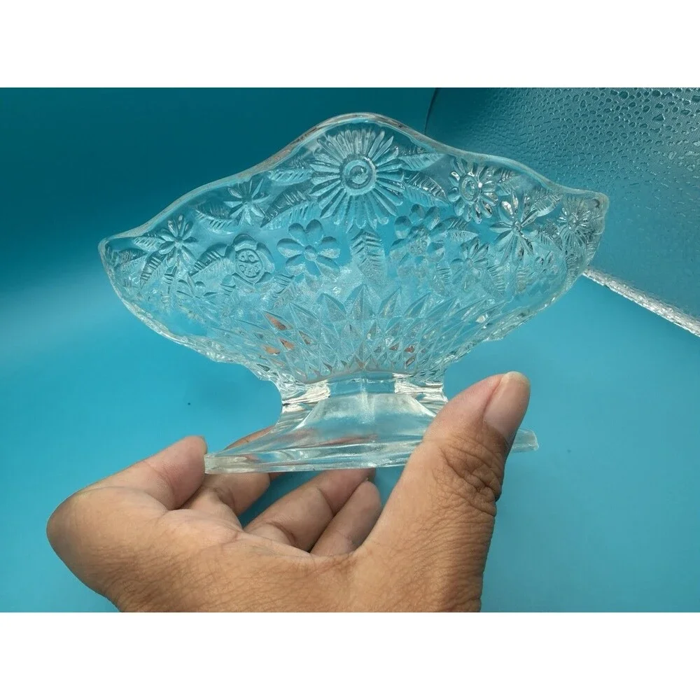 Vintage Clear Indiana Glass Diamond Shaped Footed Floral Nut/Trinket/Candy Dish